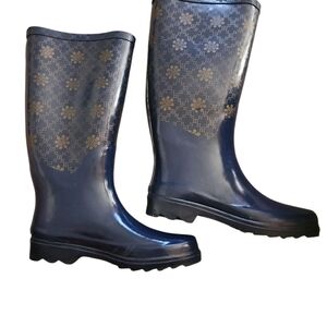 Rasolli Blue and Gold Winter Rain Boots with Monogram Design